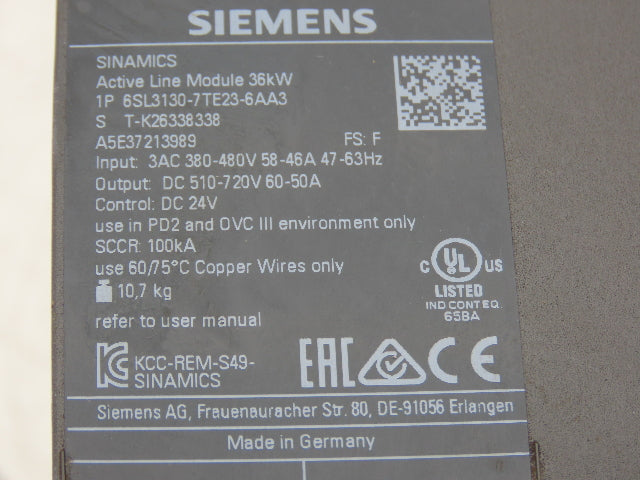Siemens 6SL3130-7TE23-6AA3 SINAMICS S120 Active Line Module 36kW 600V 60A