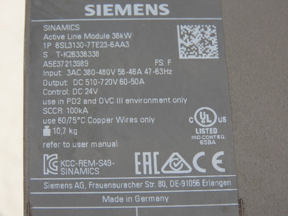 Siemens 6SL3130-7TE23-6AA3 SINAMICS S120 Active Line Module 36kW 600V 60A