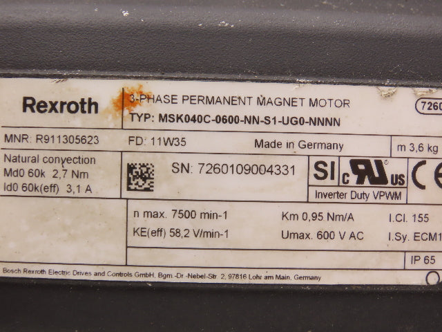 Rexroth MSK040C-0600-NN-S1-UG0-NNNN Permanent Magnet Servo Motor 600V 3PH