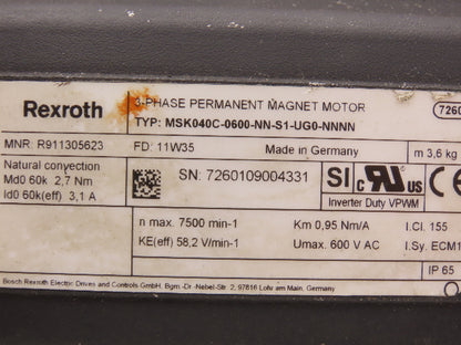 Rexroth MSK040C-0600-NN-S1-UG0-NNNN Permanent Magnet Servo Motor 600V 3PH