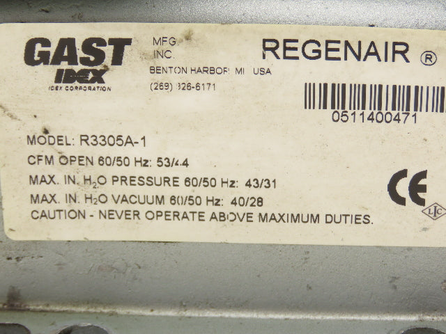 Gast R3305A-1 Regenair Regenerative Vacuum Blower 53 CFM 1/2Hp 230/460V 3PH