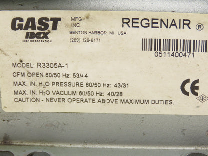 Gast R3305A-1 Regenair Regenerative Vacuum Blower 53 CFM 1/2Hp 230/460V 3PH