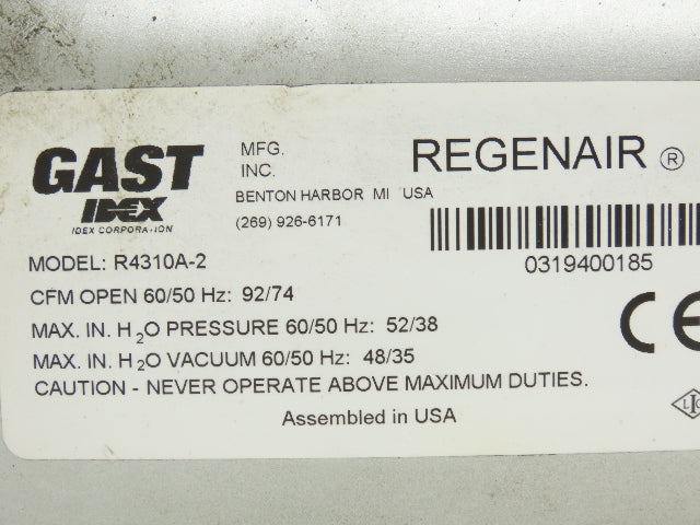 Gast R4310A-2 Regenair Regenerative Blower Vacuum Pump 92cfm 1Hp 230/460V 3PH
