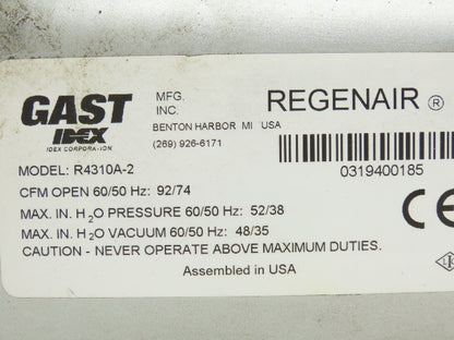 Gast R4310A-2 Regenair Regenerative Blower Vacuum Pump 92cfm 1Hp 230/460V 3PH