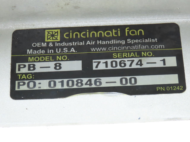 Cincinnati Fan PB-8 Centrifugal Blower 280 CFM .5Hp 3450rpm 230/460V 4" Outlet