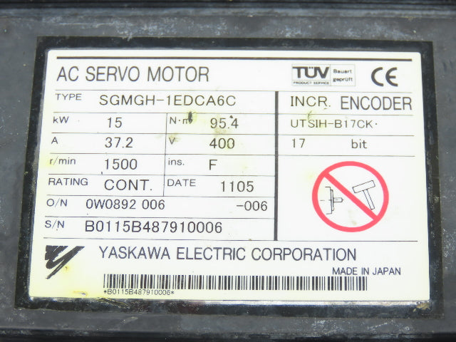 Yaskawa SGMGH-1EDCA6C AC Servo Motor 15kw 1500 RPM 400VAC 24V Brake
