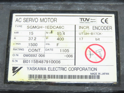 Yaskawa SGMGH-1EDCA6C AC Servo Motor 15kw 1500 RPM 400VAC 24V Brake