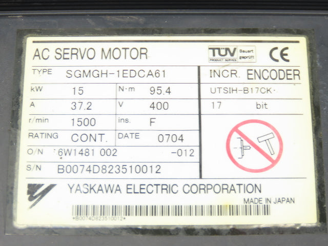Yaskawa SGMGH-1EDCA61 AC Servo Motor 15kw 1500 RPM 400VAC  Encoder UTSIH-B17CK
