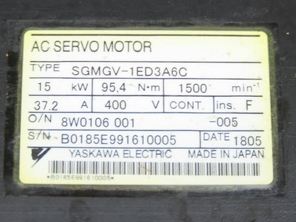 Yaskawa SGMGV-1ED3A6C AC Servo Motor 15kw 1500 RPM 400VAC 24V Brake