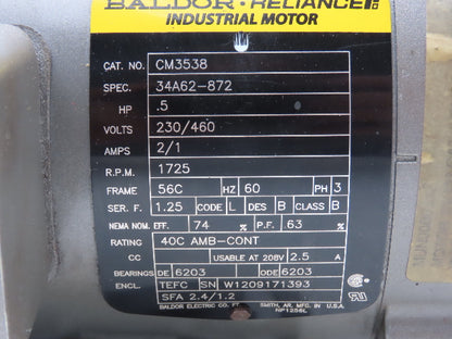 Baldor CM3538 AC Motor .5Hp 1725 RPM 230/460V 3PH 56C TEFC 5/8"Shaft