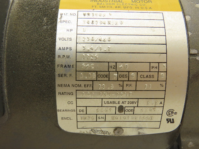 Baldor VM3546 AC Motor 1Hp 1725 RPM 230/460V 3PH 56C TEFC 5/8"Shaft