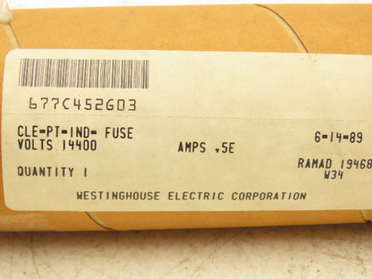 Westinghouse 677C452G03 Power Fuse 0.5E WH CLE-PT 14.4KV E Rated 80KA