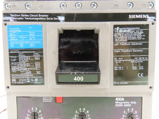 Siemens JXD63B400 Circuit Breaker 400A 3 Pole 3PH 600V Type JXD6-A Magnetic Adj