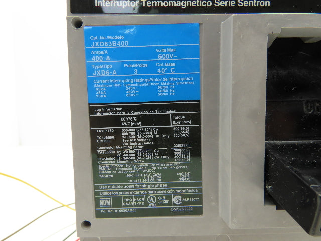 Siemens JXD63B400 Circuit Breaker 400A 3 Pole 3PH 600V Type JXD6-A Magnetic Adj