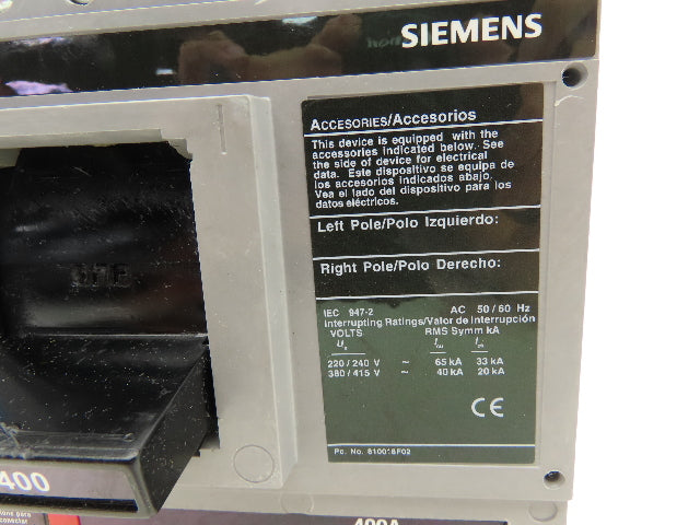 Siemens JXD63B400 Circuit Breaker 400A 3 Pole 3PH 600V Type JXD6-A Magnetic Adj