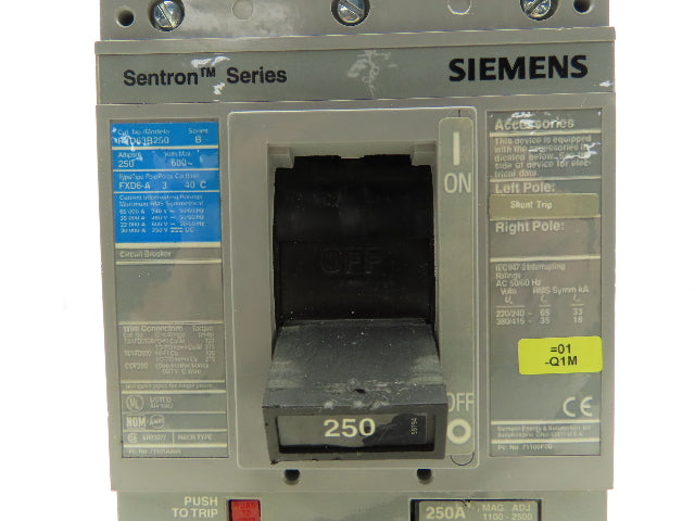 Siemens FXD63B250 Sentron Circuit Breaker 250A 3 Pole 600V FXD6-A Magnetic Adj