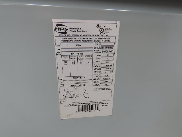 Hammond DM063KK Drive Isolation Transformer 63kva HV 480V LV 480Y/277 3Ph