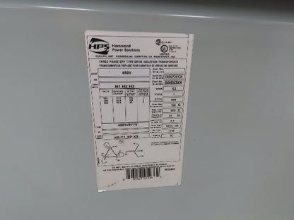 Hammond DM063KK Drive Isolation Transformer 63kva HV 480V LV 480Y/277 3Ph