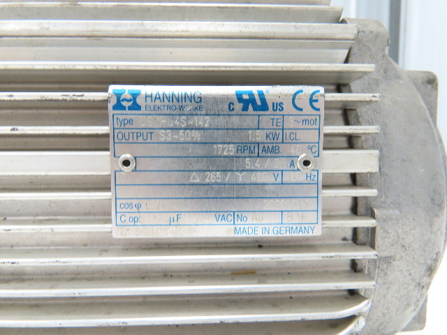 Hanning Elektro-Werke D9LHU4S-142 Electric Motor 1.5KW 265/480 3Ph 5.4/3.1A