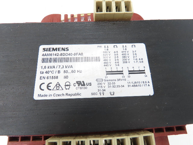 Siemens Single Phase Transformer 1.6/7.3kVa 208-550V Pri 115/230V Sec 1,6kVa