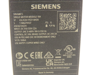Siemens 6SL3120-1TE21-8AD0 SINAMICS Servo Drive Single Motor Module 400V 3Ph 18A