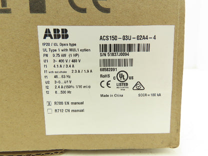 ABB ACS150-03U-02A4-4 Micro Variable Frequency Drive 480V 4.1A 1HP
