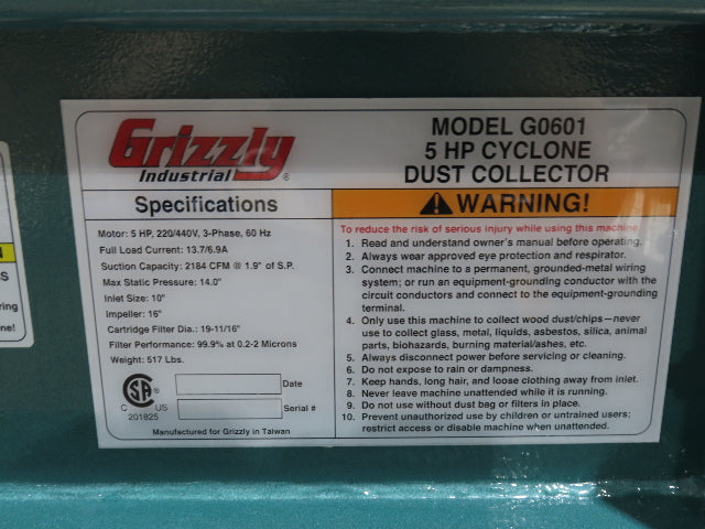 Grizzly G0601 Cyclone Dust Collector Dual Bag Filter 5Hp 3PH 2184 CFM 55Gal