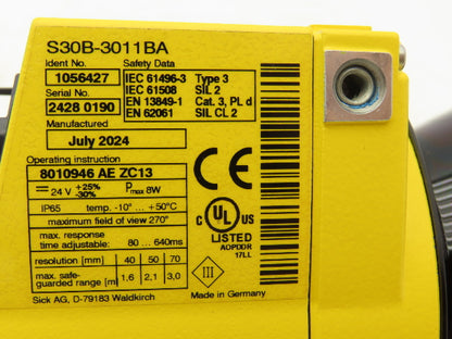 Sick S30B-3011BA Safety Laser Scanner S300 Standard 0-19M M12 5-Pin 24VDC 270°