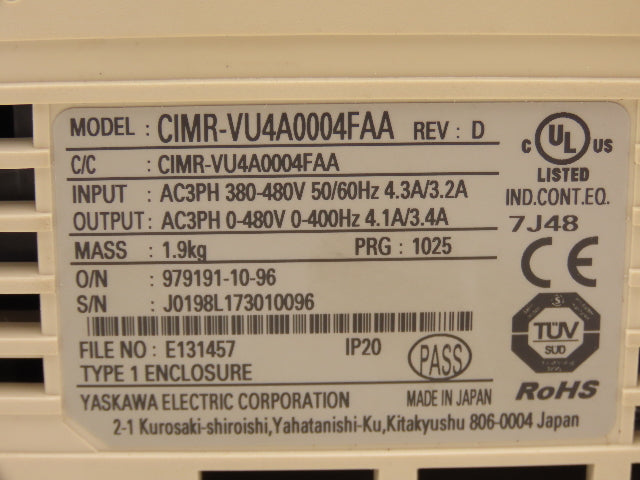 Yaskawa CIMR-VU4A0004FAA V1000 Series AC Servo Drive 480V 3Ph 4.1A Rev D