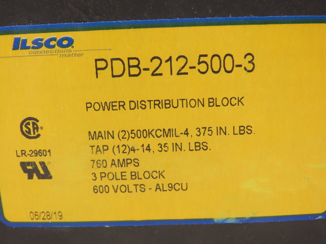 Ilsco PDB-212-500-3 Power Distribution Block 760A 600V 3 Pole Class 9080