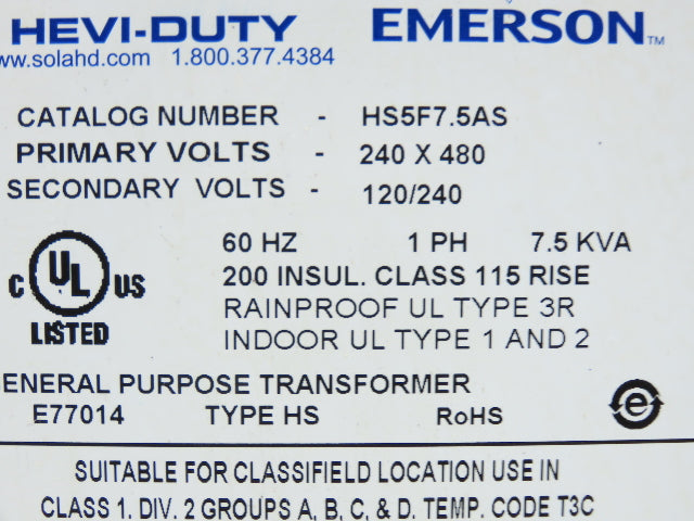 Hevi-Duty HS5F7.5AS Stepdown Transformer 7.5KVA 1Ph HV 240/480V LV 120/240V
