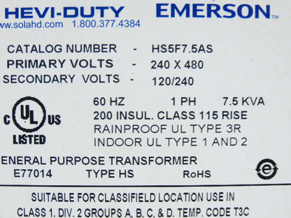 Hevi-Duty HS5F7.5AS Stepdown Transformer 7.5KVA 1Ph HV 240/480V LV 120/240V