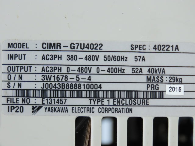 Yaskawa CIMR-G7U4022 VFD G7 Variable AC Drive 40kVA 480VAC 17.5A 3PH Spec 40221A