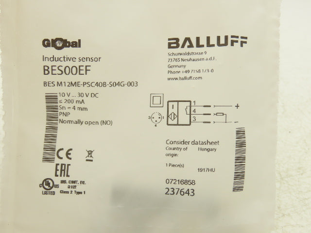 Balluff BES M12ME-PSC40B-S04G-003 Inductive Proximity Sensor 30VDC M12 Lot of 2
