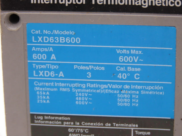 Siemens LXD63B600 Sentron Circuit Breaker 600V 3 Pole 600A