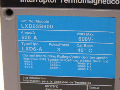 Siemens LXD63B600 Sentron Circuit Breaker 600V 3 Pole 600A