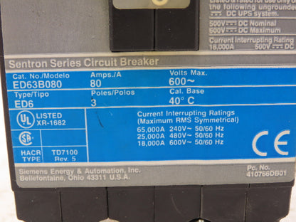 Siemens ED63B080 Sentron Circuit Breaker 600V 3 Pole 80A