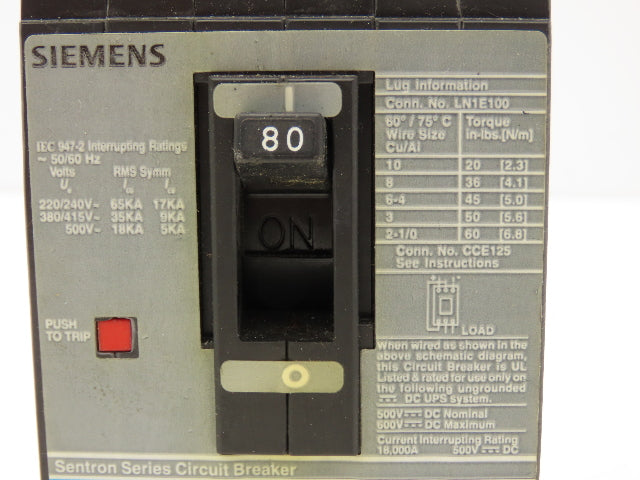 Siemens ED63B080 Sentron Circuit Breaker 600V 3 Pole 80A