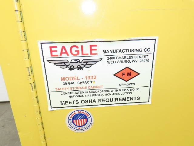 Eagle 1932 Yellow Flammable Safety Cabinet Dual Door 30 Gallon Liquid One Shelf