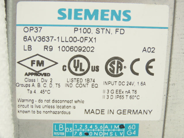 Siemens 6AV3637-1LL00-0FX1 Simatic OP37 Operator Panel 10" Display 24VDC