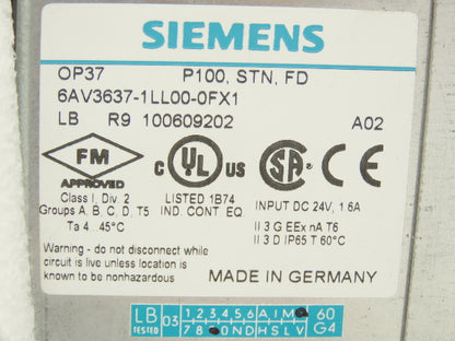 Siemens 6AV3637-1LL00-0FX1 Simatic OP37 Operator Panel 10" Display 24VDC
