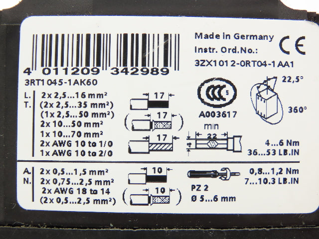 Siemens 3RT1-045-1AK60 Sirius Motor Starter Contactor 75Hp 575V 3Ph