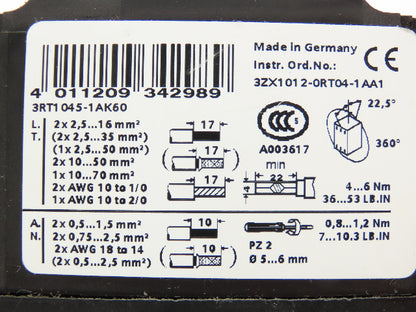 Siemens 3RT1-045-1AK60 Sirius Motor Starter Contactor 75Hp 575V 3Ph