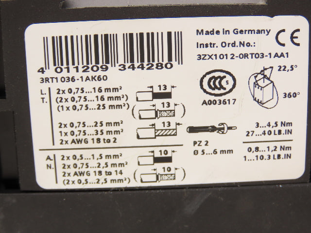 Siemens 3RT1-036-1AK60 Sirius Motor Starter Contactor 50Hp 575V 3Ph