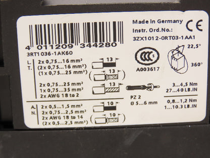 Siemens 3RT1-036-1AK60 Sirius Motor Starter Contactor 50Hp 575V 3Ph