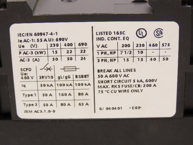 Siemens 3RT1-036-1AK60 Sirius Motor Starter Contactor 50Hp 575V 3Ph