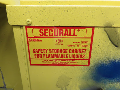 Securall A140 Yellow Flammable Safety Cabinet Dual Door 40 Gallon Liquid