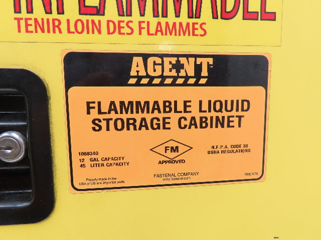 Agent 1068340 Flammable Safety Cabinet 12 Gallon Liquid Yellow 1 Shelf