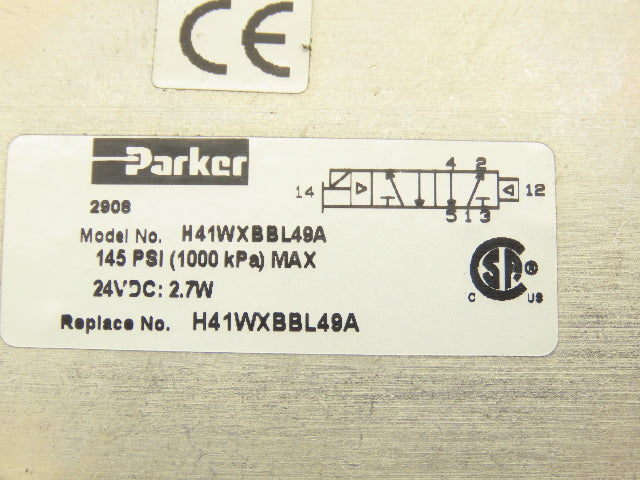 Parker H41WXBBL49A Pneumatic Air Single Solenoid 2-Position Valve 24VDC 145PSI