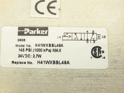 Parker H41WXBBL49A Pneumatic Air Single Solenoid 2-Position Valve 24VDC 145PSI